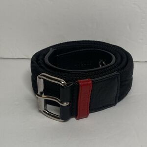 Prada Black Tessuto Woven Belt Leather Trim Red Loop Silver Buckle Made In Italy